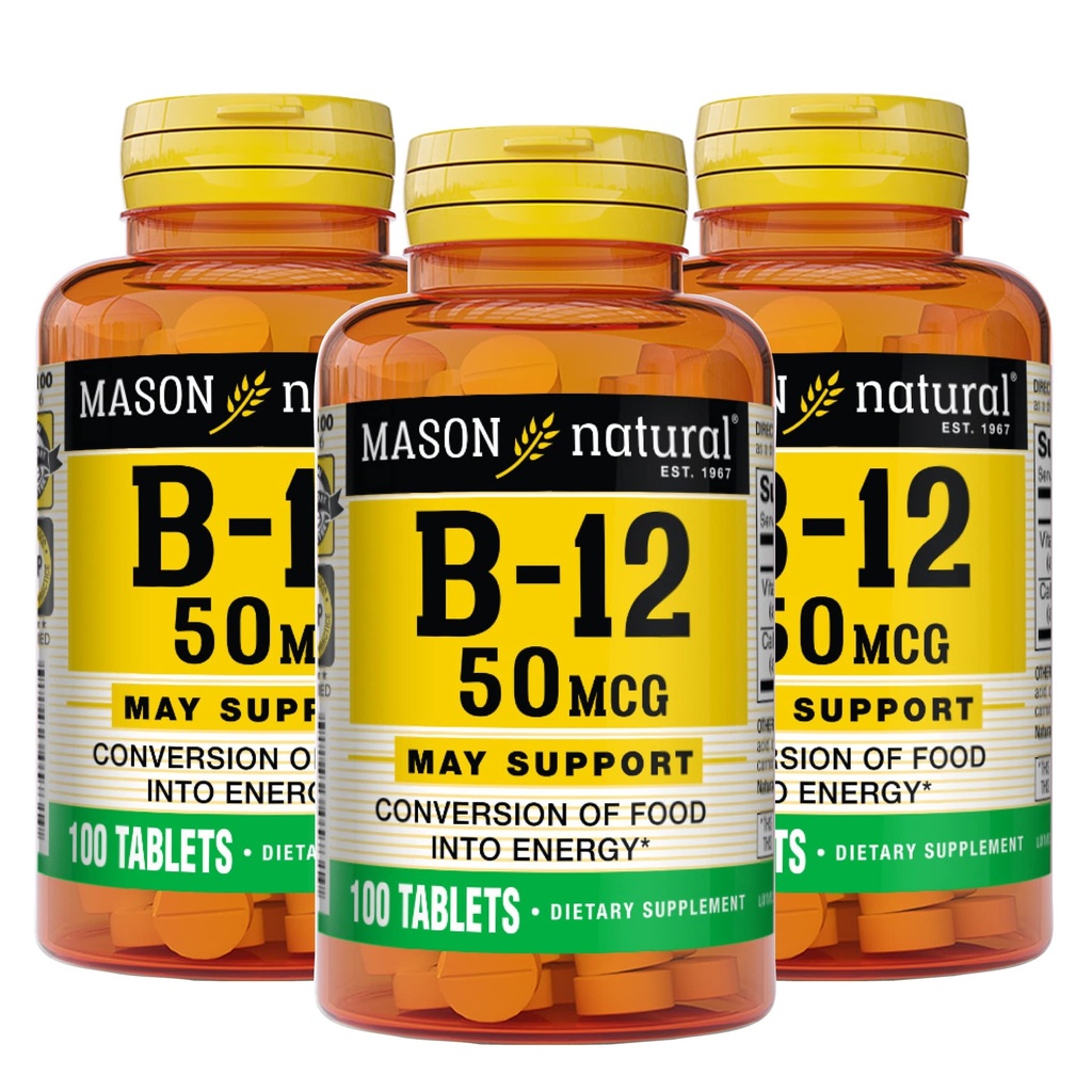 Mason Natural Vitamin B12 50 mcg med Calcium, 300, Dag Supply, Kosttillskott för att stödja naturliga energinivåer, 100 tabletter (Pack of 3)