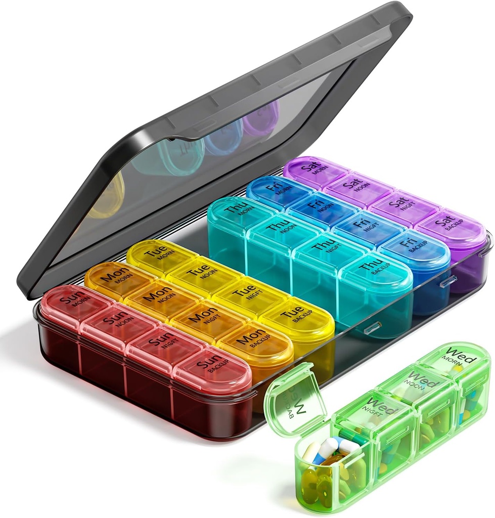 Odaro Weekly Pill Organizer 4 gånger om dagen, BPA Free Daily Pill Box 7 Day, Large Travel Pill Case med 28 kompartement för att hålla medicin, vitamin och tillägg