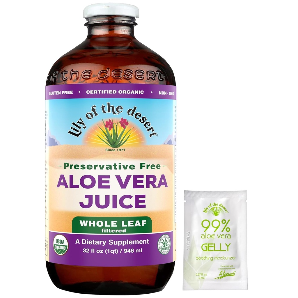 Lily Of The Desert Aloe Vera Juice, Preservative Free - Whole Leaf Aloe Vera Drink with Natural Vitamins, Digestive Enzymes for Gut Health, Stomach Relief, Wellness, Glowing Skin, Gelly Sachet included