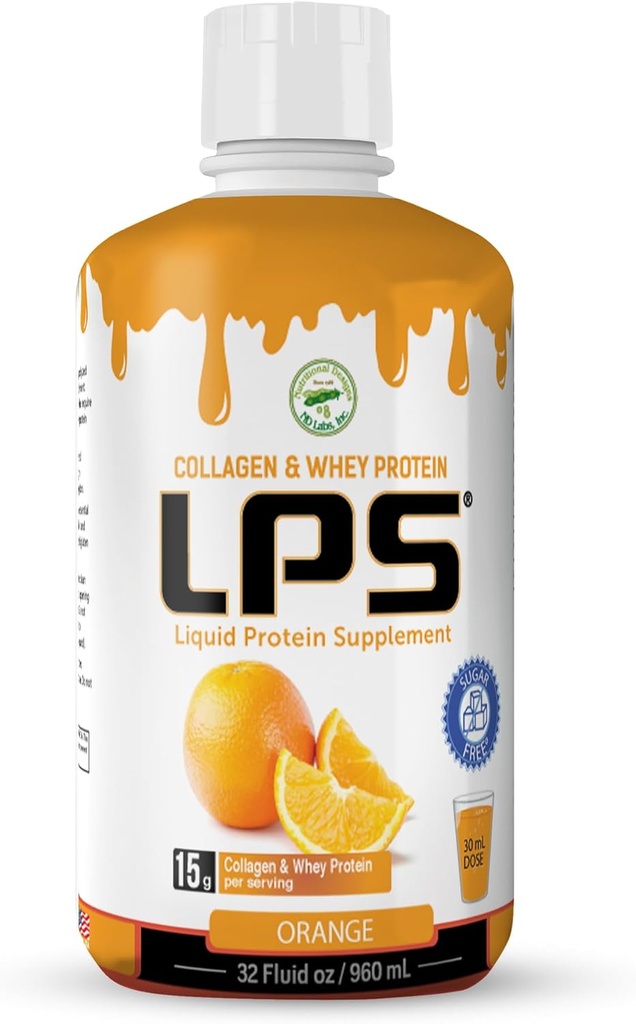 LPS Liquid Collagen & Whey Protein Supplement - Sugar-Free, Dye-Free, Non-GMO Drink - Hydrolyzed Collagen & Whey Peptides främjar hälsosam hud och hår för män och kvinnor, Orange, 32 fl oz