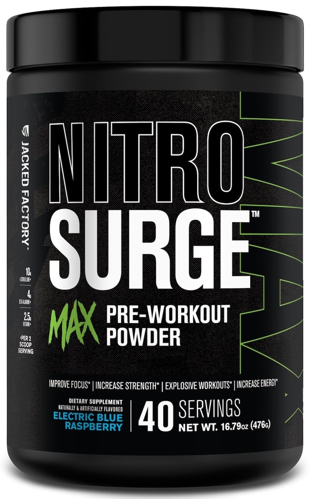 Jacked Factory Nitrosurge Max High Performance Pre Workout Powder - Pre Workout w / Nootropic Ingredients for Intense Focus, Pumps, Smooth Energy, Endurance - 40 Servings, Electric Blue Raspberry