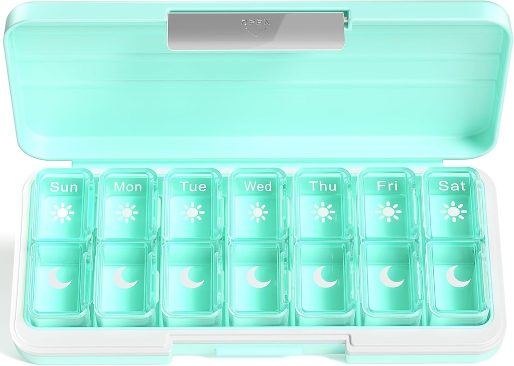 Zoksi Am Pm Pill Organizer 7 Day, Weekly Pill Box 2 gånger om dagen, Medicine Pill Organizer med separat kompartement, Travel Pill Case Dispenser Portable för vitaminer, fiskoljor, mediciner (grön)