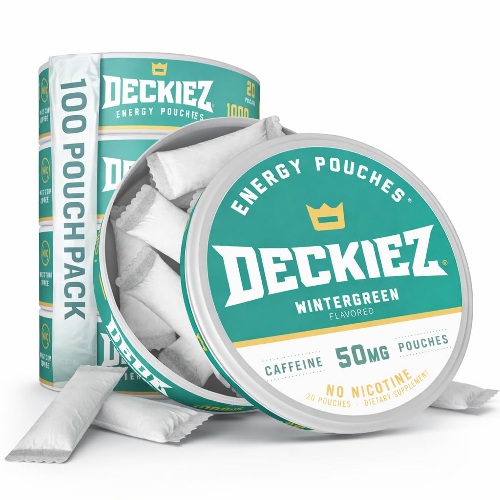 Deckiez Energy Pouches, 5 Cans (100 Pouches), Sugar Free Caffeine Supplement, Coffee Pouches & Energy Drink Alternative, 50mg koffeinpåsar, Wintergreen smak