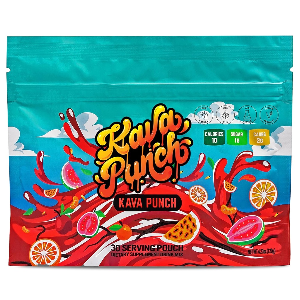 Kava Punch Relaxation Powder - 30 serverar påse med Premium Kava Kava Extract | Daglig Stress Relief Supplement | Non-Alcoholic, Low-Calorie, Healthy Drink Mix | Alkohol Alternativ dryck med Buzz