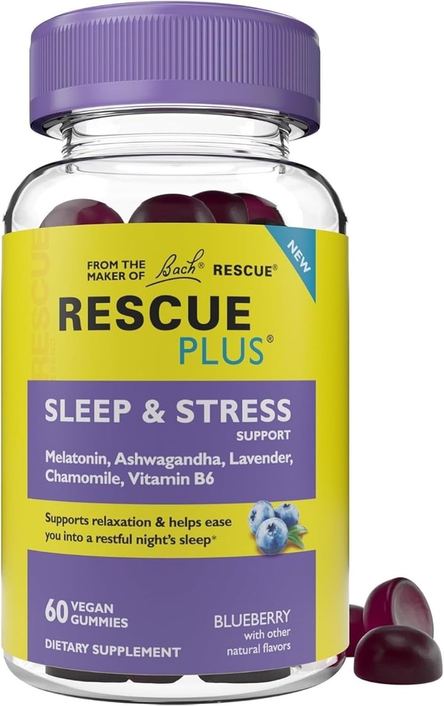 Bach RESCUE PLUS Sleep & Stress Support Gummies, Nighttime Dietary Supplement med 1mg Melatonin, Ashwagandha, Chamomile, Lavender & Vitamin B6, Natural Blueberry Flavor, Vegan & Gluten-Free, 60 Count