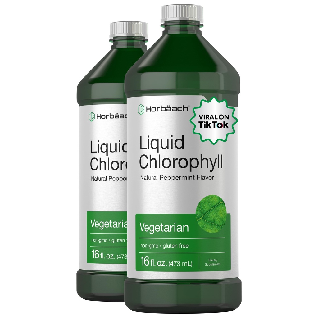 Horbäach Chlorophyll Liquid Drops | 100mg | 32 oz (2 x 16 oz Bottles) | Naturpepparmint smak | Vegetarisk, icke-GMO, Gluten fri tillägg