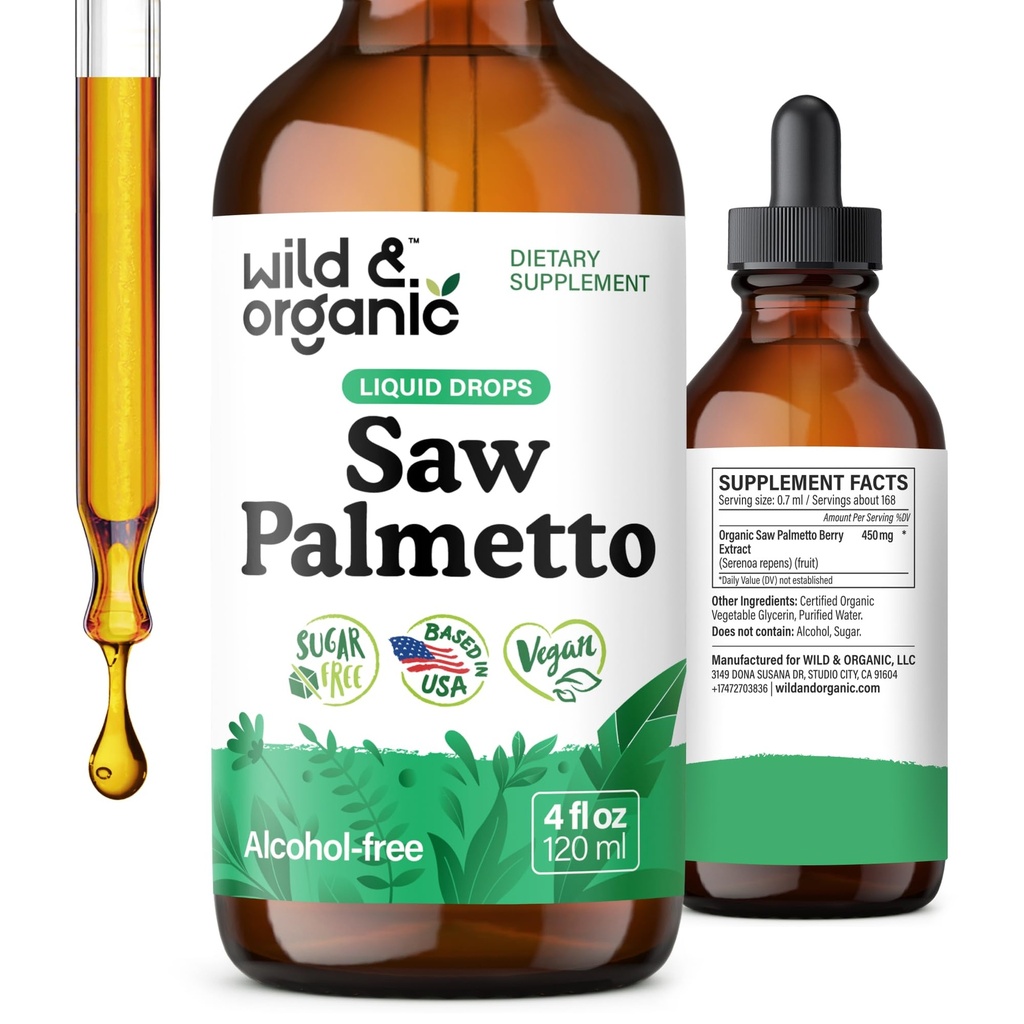 Wild & Organic Saw Palmetto Tincture - Saw Palmetto Extract Supplement for Men & Women - Liquid Powder Based Drops - Serenoa Repens Berries - Vegan, Sugar & Alkoholfri - 4 fl oz