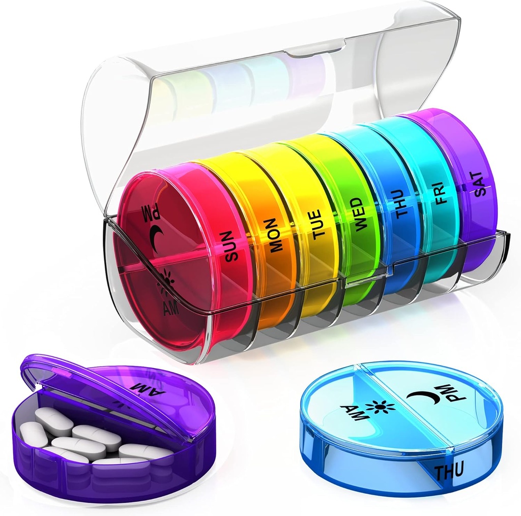 Weekly Pill Organizer 2 gånger om dagen - Stor kapacitet -Travel Pill Box 7 Day med Airtight Lid Lock - Portable Pill Case for Purse - Perfekt för vitaminer, kosttillskott och fiskoljepiller (Rainbow)
