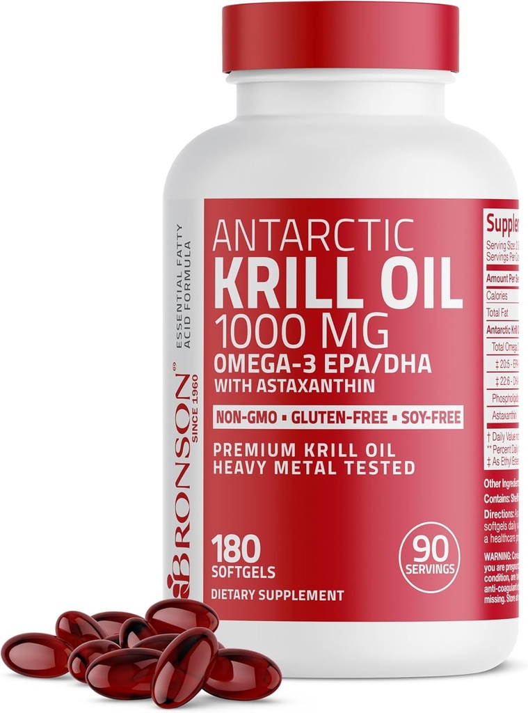 Bronson Antarctic Krill Oil 1000 mg med Omega-3s EPA, DHA, Astaxanthin och Fosfolipider 180 Softgels