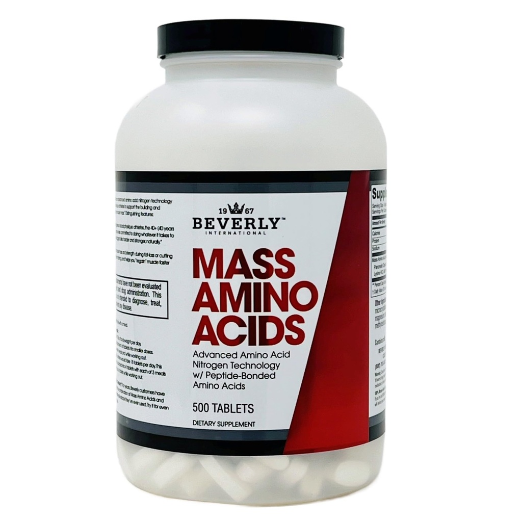 Beverly International Mass Amino Acids, 500 Tabs. Use Pre-Post Workout, with Meals, Essential for Muscle Recovery and Repair. Complete Amino Acid Profile