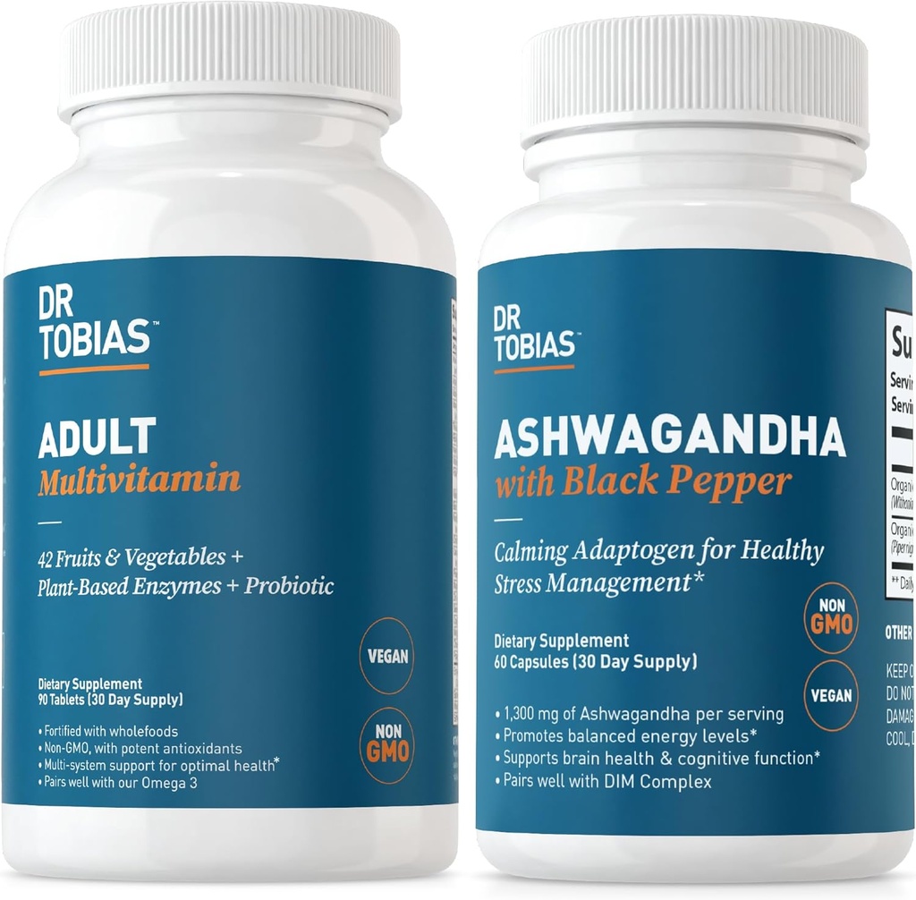 Dr Tobias Adult Multivitamins och Ashwagandha Capsules, Support Overall Wellness & Balanced Energy & Resilience, Vegan, Non-GMO