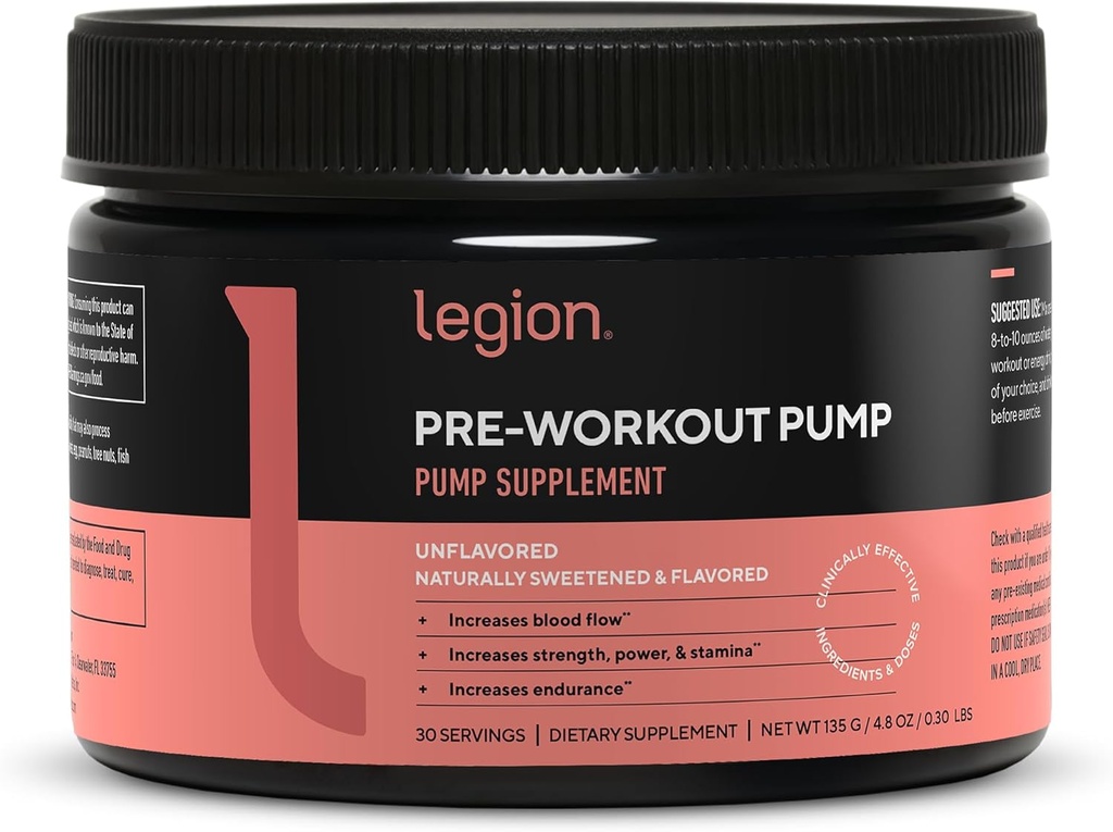 LEGION Pre Workout Pump - Arginine Supplement Boosts Nitric Oxide Production - Nitric Oxide Booster Helps Increase Strength & Stamina, Promotes Enhanced Muscular Efficiency (Unflavored, 30 Servings)