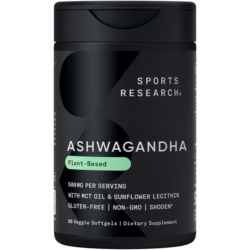 Sports Research® Ashwagandha Softgels med Coconut MCT Oil - Natural Adaptogen Made with Shoden® Ashwa for Relaxation, Calm & Sleep Support - Gluten Free & Vegan Friendly - 60 Count