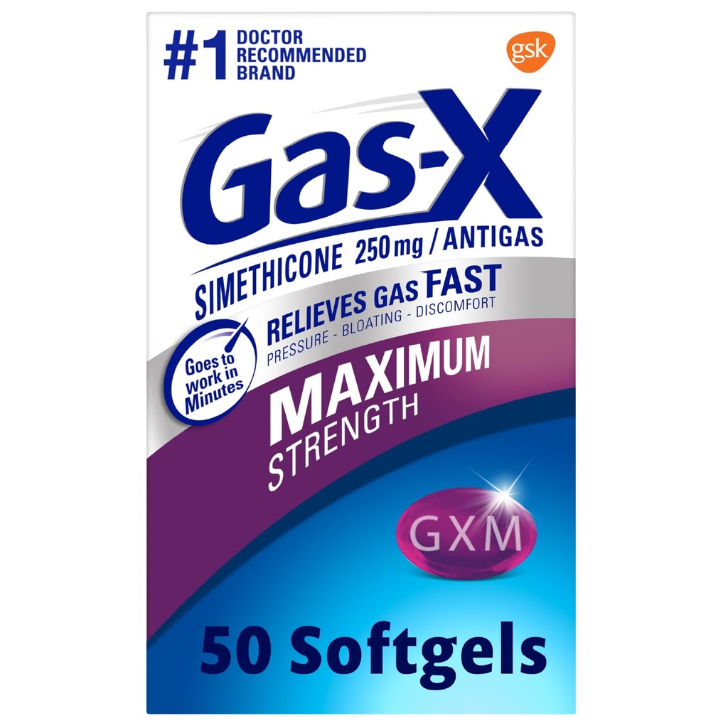 Gas-X Maximal Styrka Gas Relief Softgels med Simethicone 250 mg för Bloating Relief - 50 Räkna