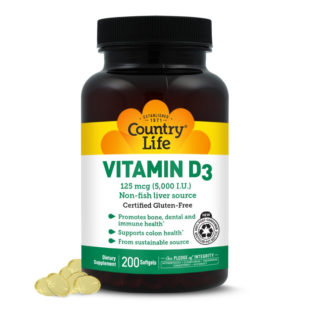 Country Life Vitamin D3 5000 IE för immun och benhälsa, kalciumabsorption och Colon Health - Hållbar källa från Lanolin, tillgänglig i olika styrkor