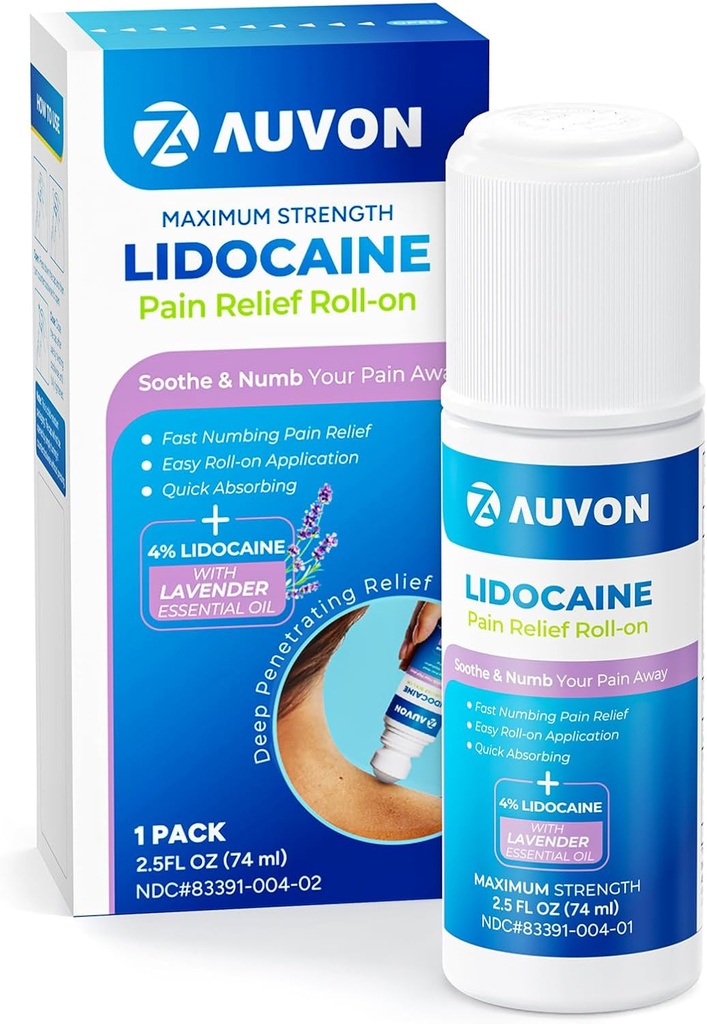 AUVON Lidocaine Roll-On med Essential Oil, No Mess Applicator, Max Strength Lidocaine, Quick Absorbing till Numb & Soothe Pain Relief för knän, axlar, FSA / HSA Berättigad, Lavender, 2.5 OZ, 1 Pack