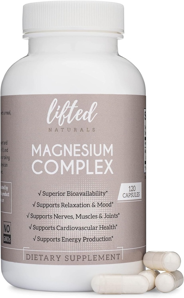 Magnesiumkomplex - Lifted Naturals Magnesium Supplement w / Bisglycinate, Malate, Taurate - 120 kapslar - Biotillgänglig magnesiumformel för humör, sömn, energistöd*