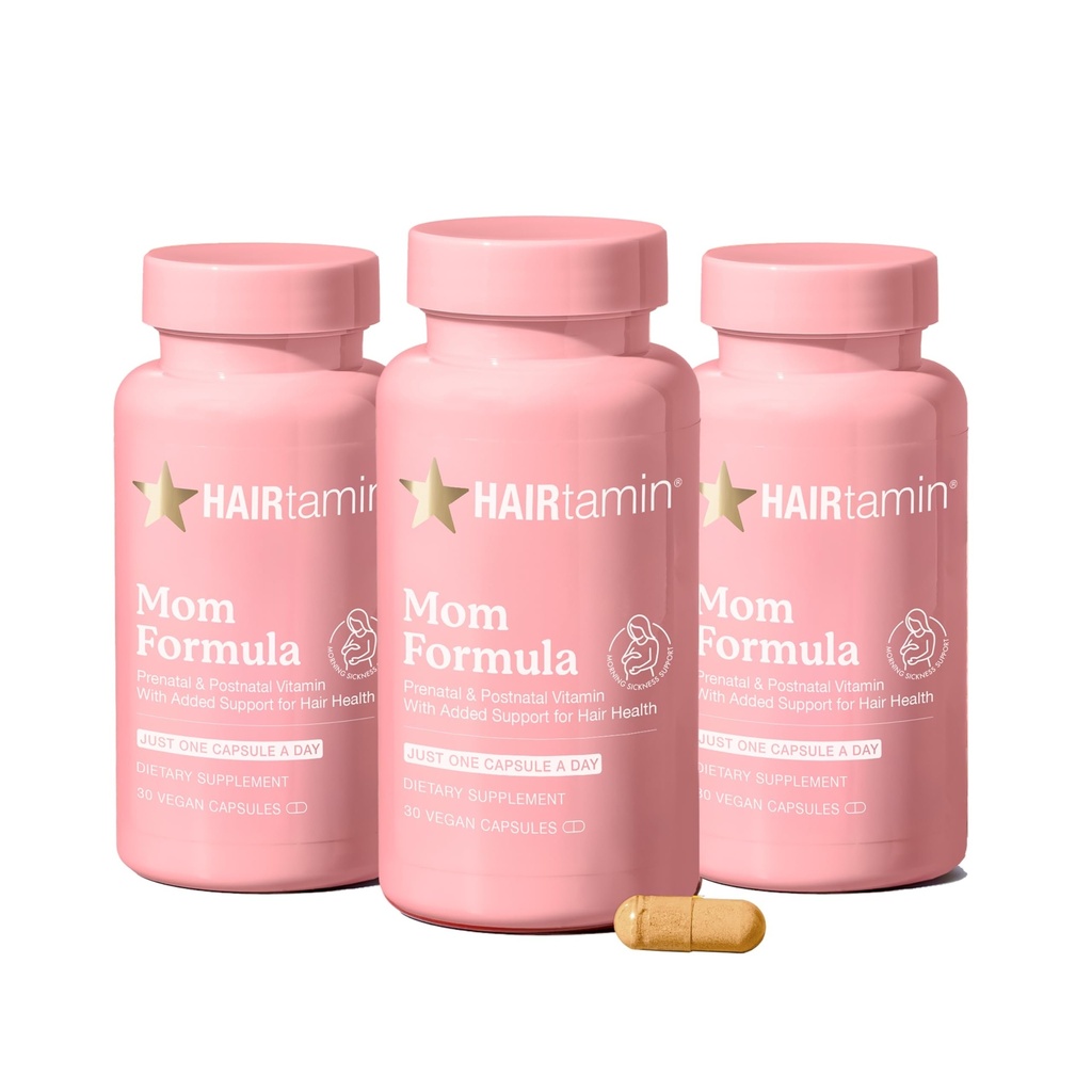 HAIRtamin MOM Vegan Prenatal & Postnatal Multivitamin Capsules & Hair Vitamins, Postpartum, Amning, Hår Naglar och Hud Vitaminer för Kvinnor med Biotin, Zink, Järn (3-Pack)