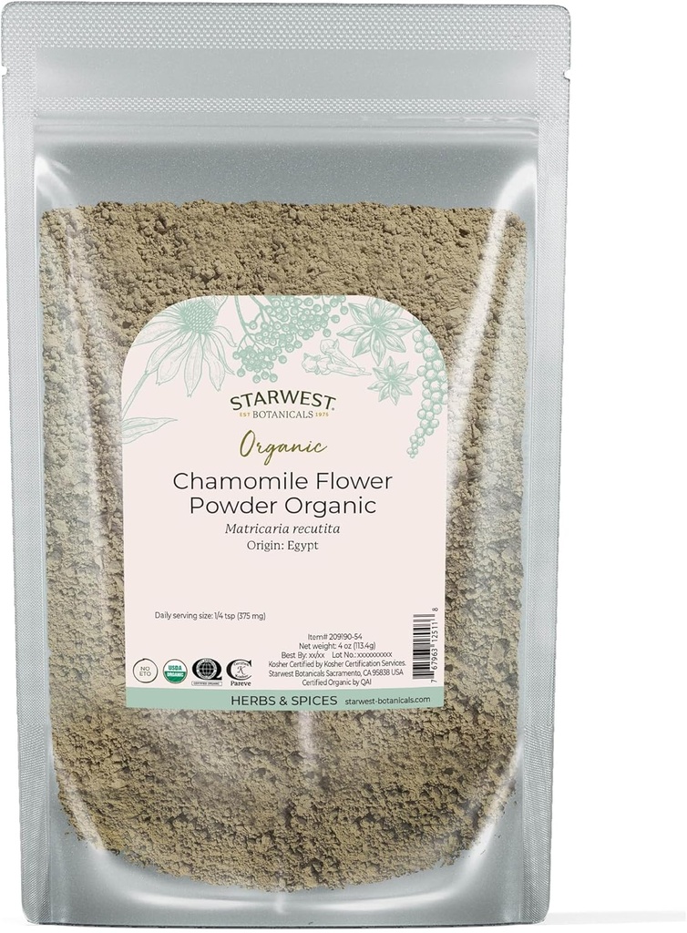 Starwest Botanicals Organic Chamomile Flower Powder - Torkad lös Leaf Herb för te, Herbal Lotions, & Baking, Källa från Egypten, Certified Kosher, Non-GMO - 4 oz Pouch
