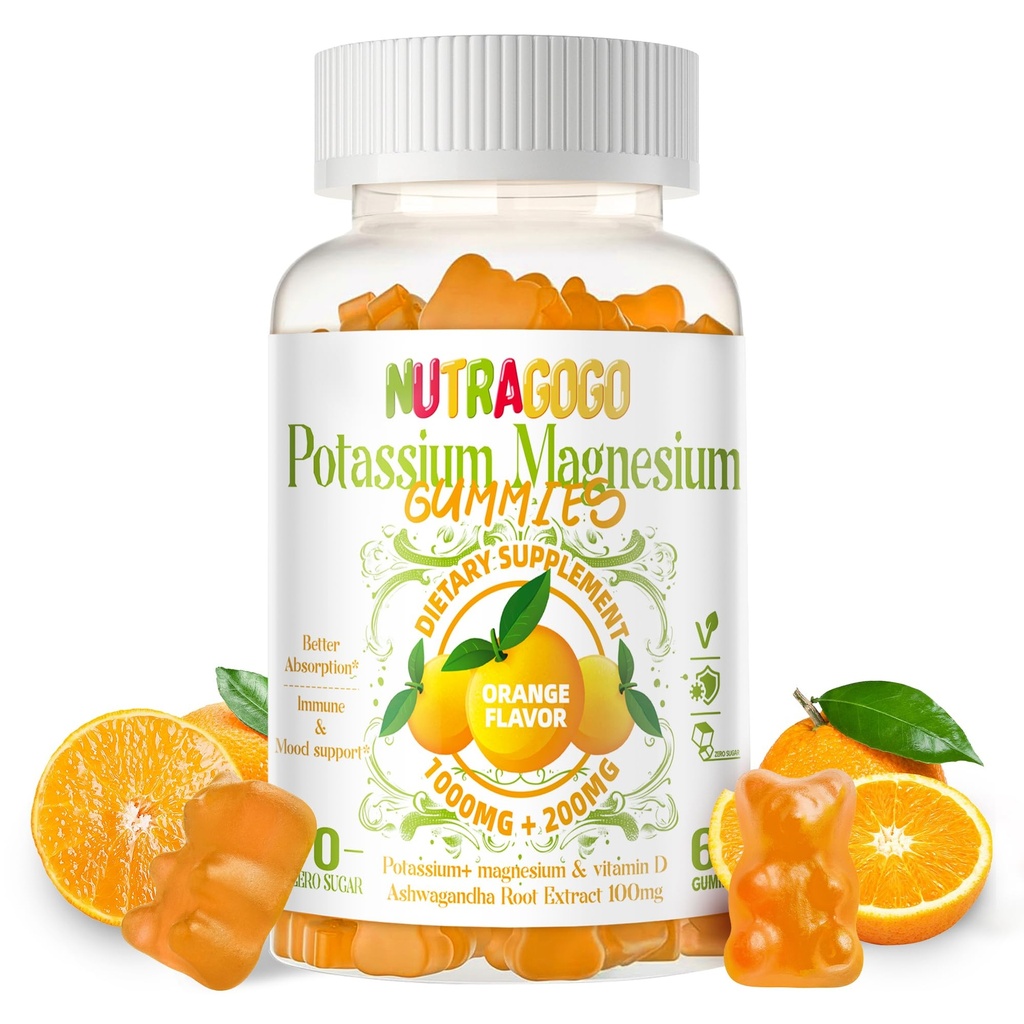 Kalium Magnesium Gummies,Potassium Supplement w / Ashwagandha, Hög Absorption Magnesium Glycinate,B6,D3,Potassium Citrate för Leg Cramps, Muscle,Electroyte för vuxna barn, sockerfri, 60 Gummies
