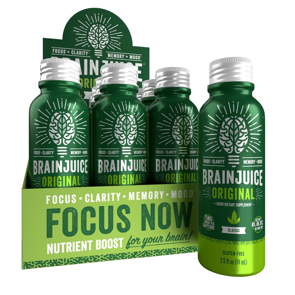 BrainJuice Focus & Energy Drink Shots, Nootropics med Alpha GPC, B Vitamins & Organic Green Tea Caffeine, stöder Focus, Memory & Clarity, Non-GMO, Gluten Free, Classic, 2.5 fl oz, 12 Pack