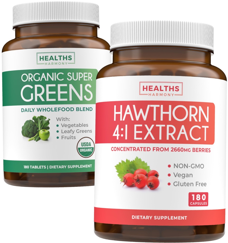 Super Greens & Hawthorn Extract (3-månaders leverans) Super Berry Blend Bundle of Organic Super Greends Powder - Fullständig Superfood & Hawthorn Berry 4:1 Extrakt - Hög styrka extrakt (180 kapslar)
