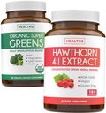 Super Greens & Hawthorn Extract (3-månaders leverans) Super Berry Blend Bundle of Organic Super Greends Powder - Fullständig Superfood & Hawthorn Berry 4:1 Extrakt - Hög styrka extrakt (180 kapslar)
