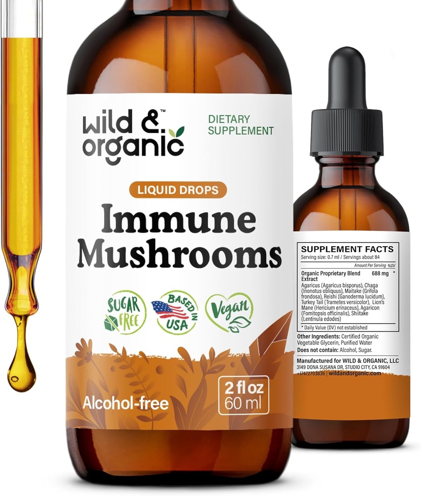 Wild & Organic Immune Mushrooms Tincture - 8-i-1 Mushroom Complex med Chaga, Turkiet Tail, Lion's Mane, Reishi Extract - Immune Support Drops - Vegan, Sugar & Alkohol-Free Liquid Supplement - 2 fl oz