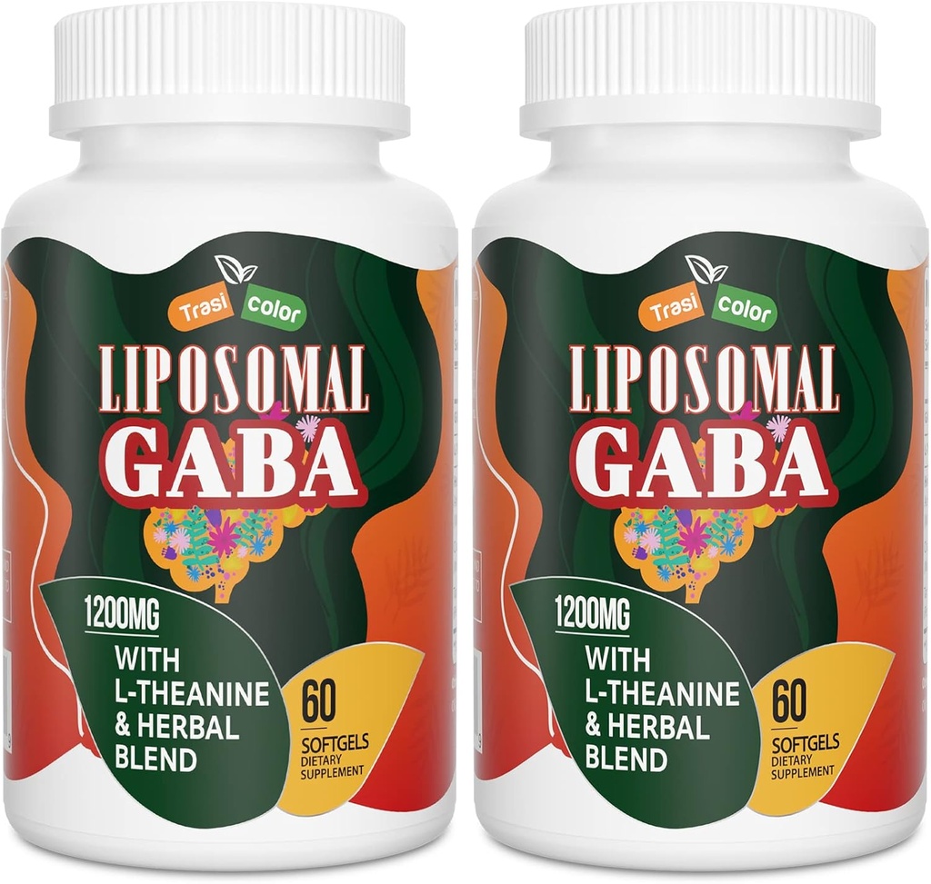 Liposomal GABA med L-Theanine Supplements 1200mg - Hög Absorption GABA-komplex med Ashwagandha, Chamomile, Tart Cherry Herbal Supplements för män och kvinnor, 120 Softgels