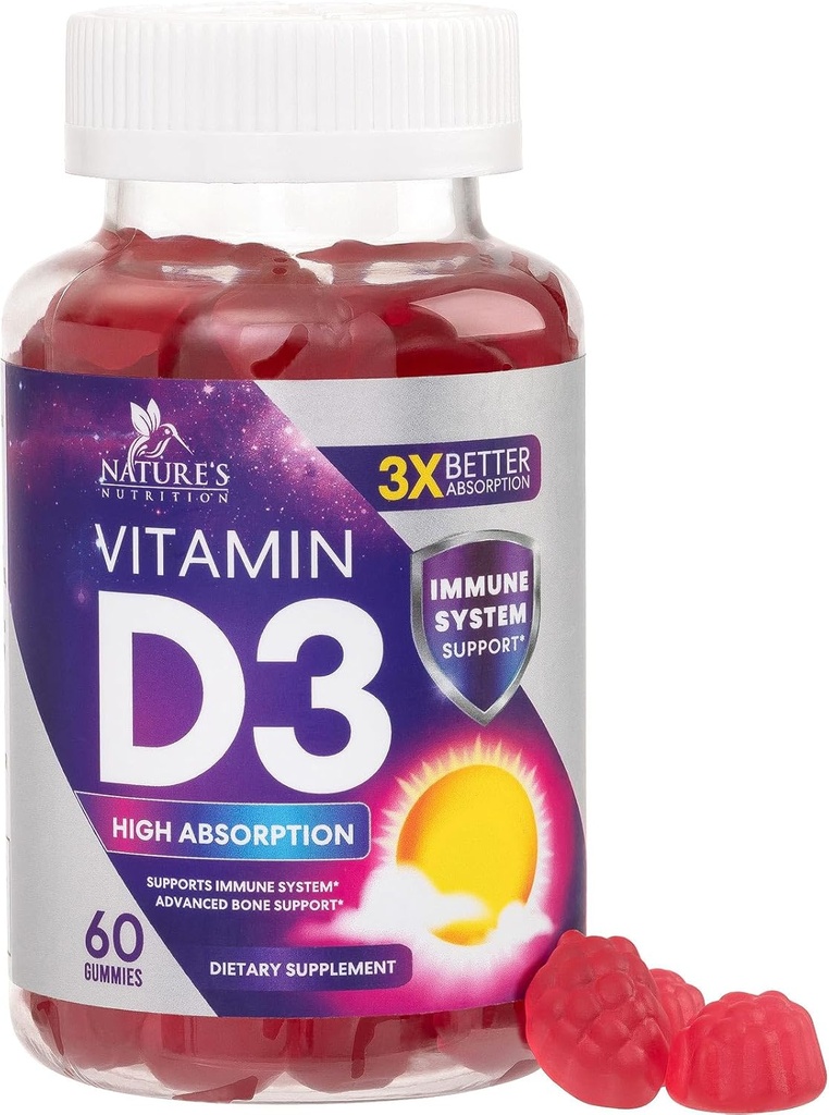 Vitamin D3 Gummy 5000 IE (125 mcg) - Dietary Vitamins D Supplement för kvinnor och män - Ben, tänder, muskel- och immunhälsostöd, hög styrka VIT D3 Naturens icke-GMO & Gluten Free - 60 Gummies