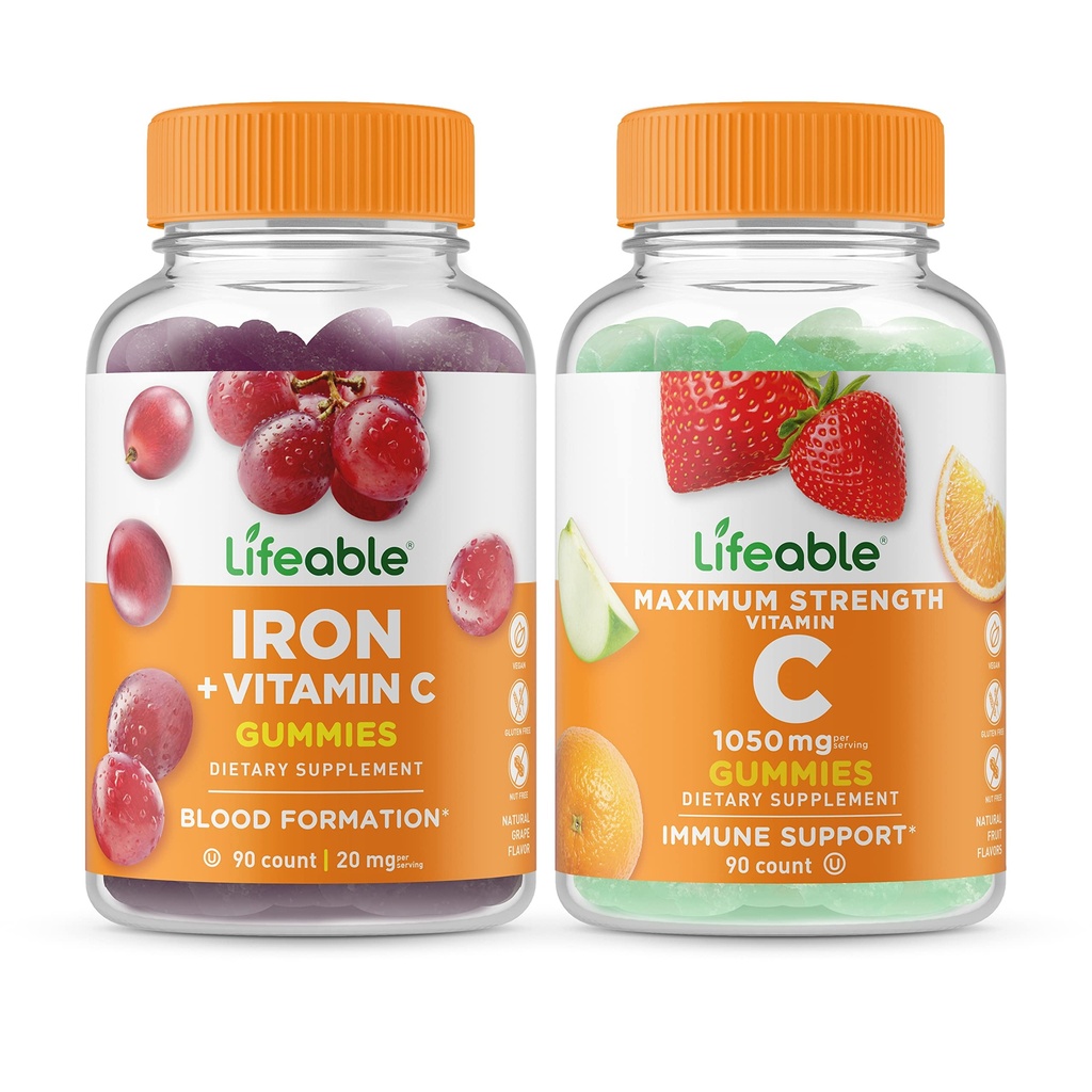 Livlig järn med vitamin C + Vitamin C 1050mg, Gummies Bundle - Great Tasting, Vitamin Supplement, Gluten Free, GMO Free, Chewable Gummy