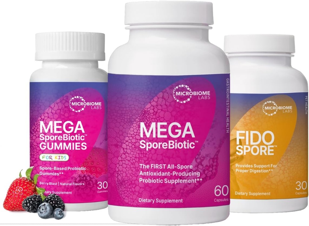 Microbiome Labs Whole Family Probiotic Bundle - MegaSporeBiotic för vuxna, Probiotiska Gummies för barn och FidoSpore Probiotics för hundar och katter