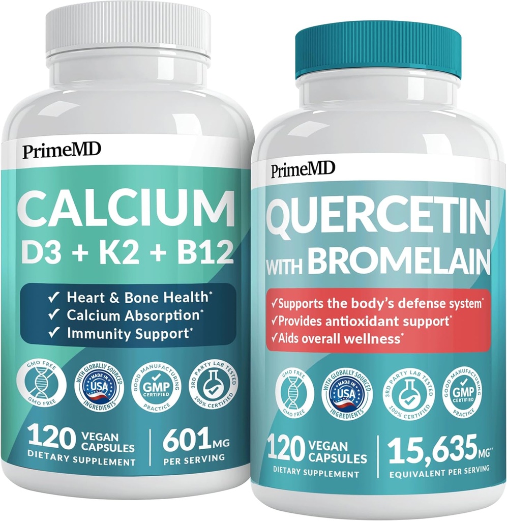 PrimeMD 4-i-1 Kalciumtillskott för kvinnor och män eller hjärta, ben och kroppsförsvar (120 ct) & 28-i-1 Quercetin med Bromelain Supplement - Quercetin 500mg kapslar för immunförsvarsstöd (120 ct)