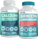 PrimeMD 4-i-1 Kalciumtillskott för kvinnor och män eller hjärta, ben och kroppsförsvar (120 ct) & 28-i-1 Quercetin med Bromelain Supplement - Quercetin 500mg kapslar för immunförsvarsstöd (120 ct)