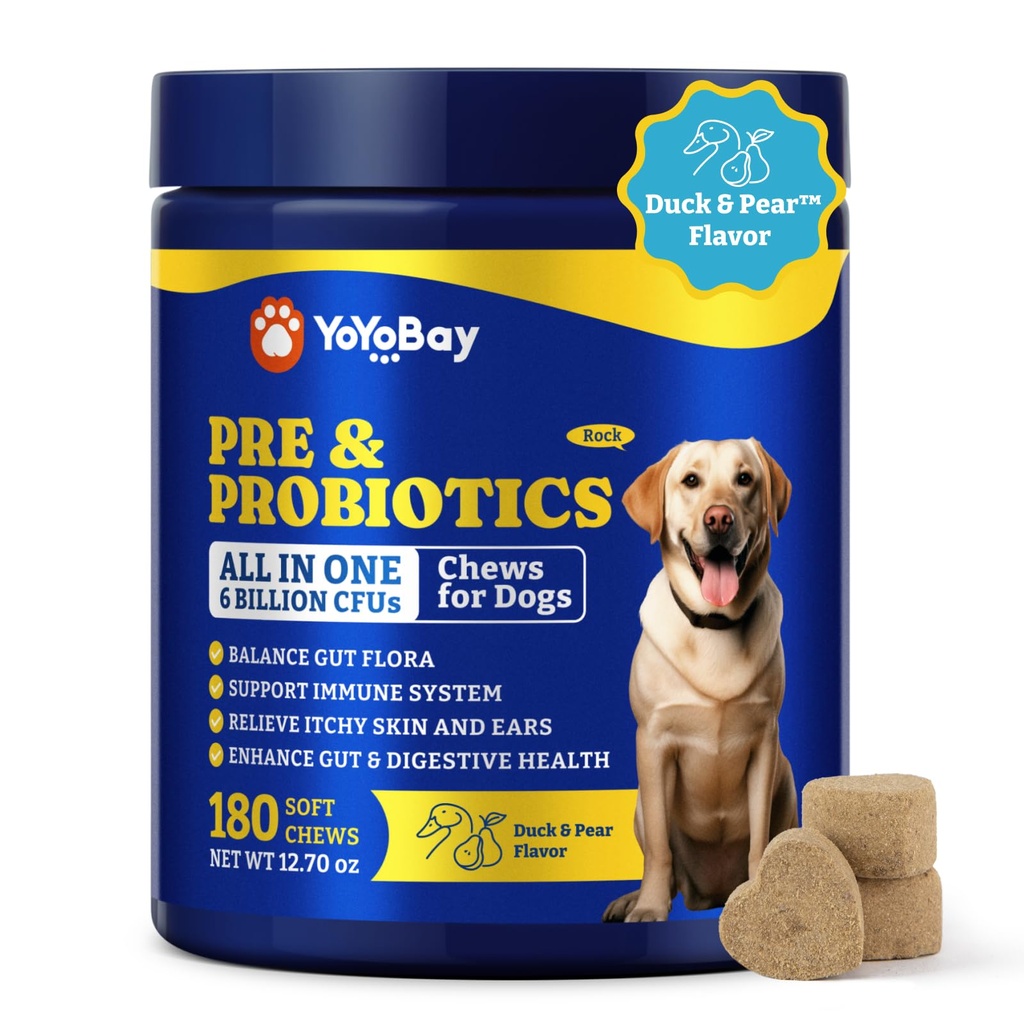 Probiotika för hundar - Dog Probiotics for Digestive Health, Yeast, Itchy Skin, Gut Health, Immune & Skin - 6 miljarder CFUs, 180 Soft Chews, Duck & Pear Flavor - med Prebiotics & Digestive Enzymes