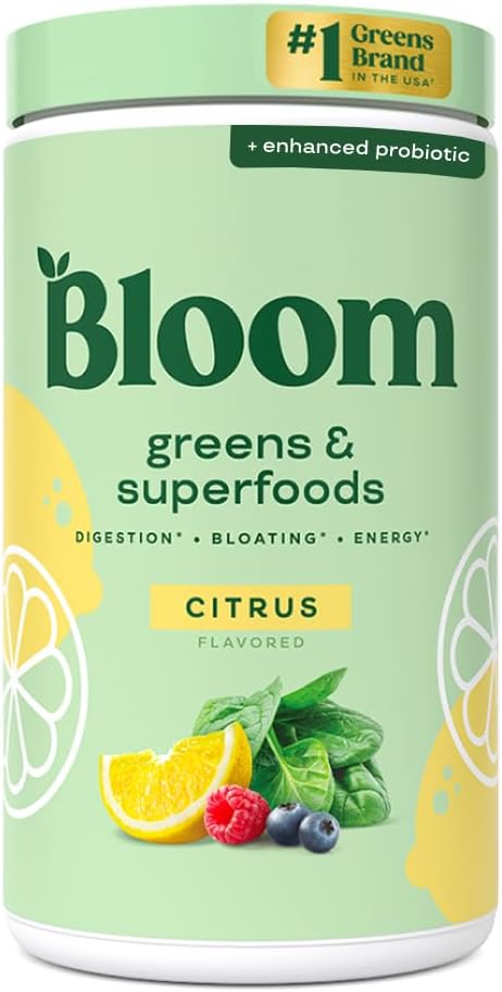 Bloom Nutrition Superfood Greens Powder, Digestive Enzymes med probiotika och prebiotika, Gut Health, Bloating Relief för kvinnor, Chlorella, Green Juice Mix med Beet Root Powder, 60 SVG, Citrus