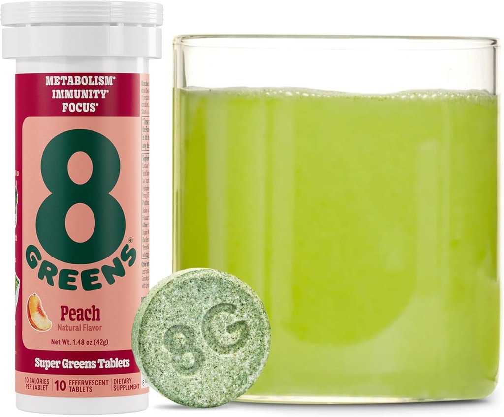 8Greens Supergreens tabletter | Super Greens Powder Superfood Tablet, Metabolism Immunity & Focus, Daily Greens Effervescent Tablets, Organic: Aloe Vera, Spirulina, Chlorella, Peach, 10 Servings