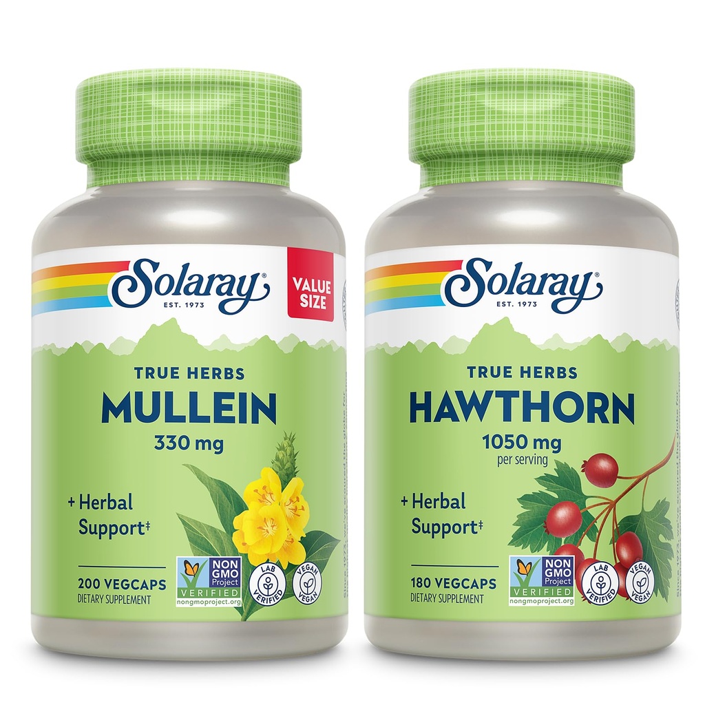 SOLARAY Mullein Leaf 330 mg och Hawthorn Berry Capsules 1050 mg - Soothing Herbal Support Bundle for Overall Health and Wellness - Vegan, Non-GMO, 60-dagars garanti, Lab Verified, 200/180 VegCaps