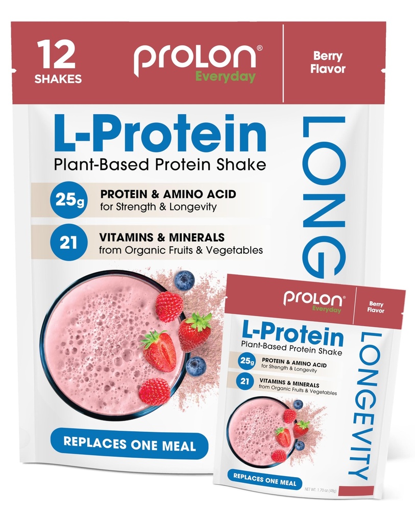 Prolon Longevity Plant Based Protein Powder | Muscle Synthesis & Repair, Healthy Aging, Boost Performance | Vitaminer, Gluten Free, Amino Acids, Antioxidanter | 25g Protein | Berry, 12 Packets