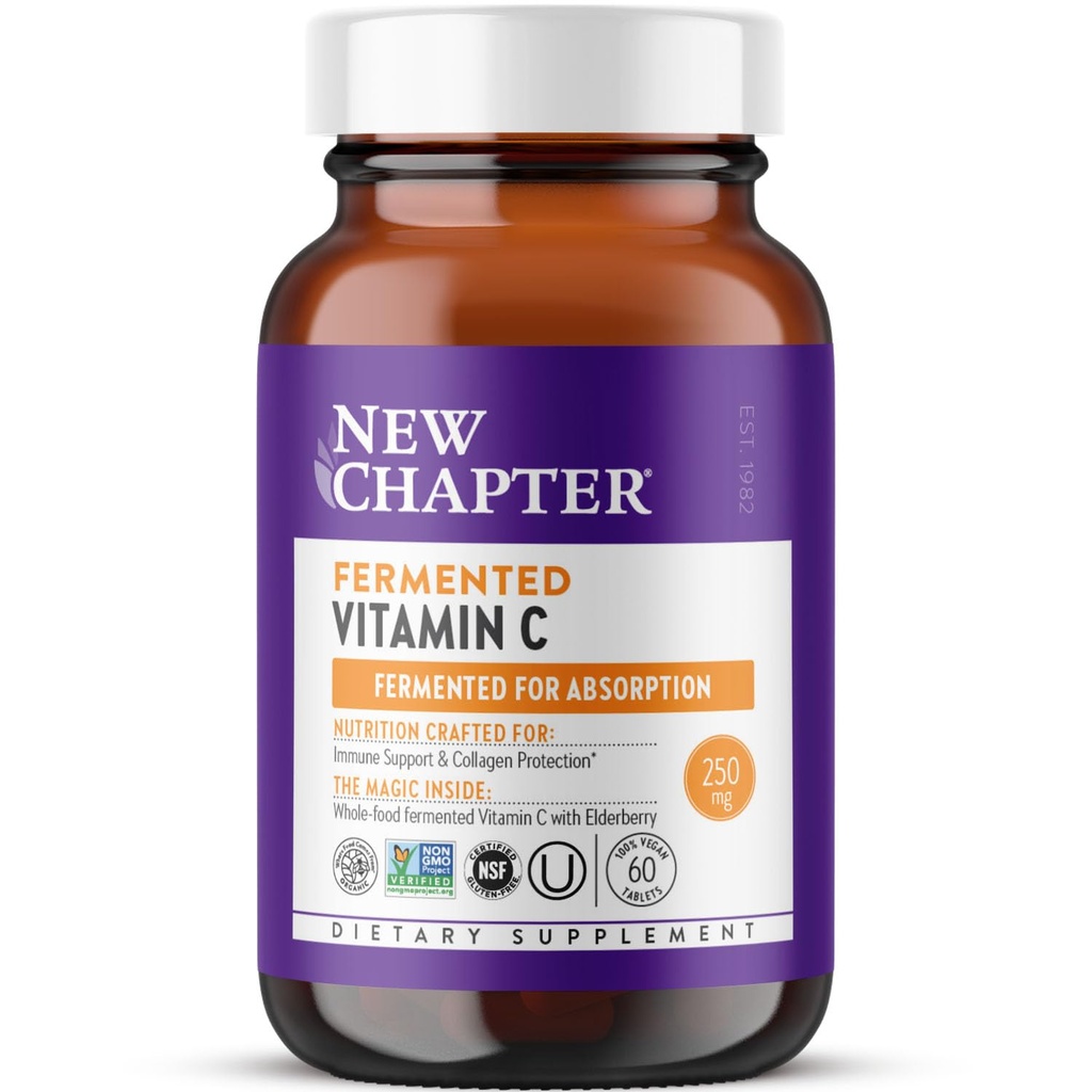 Nya kapitel Fermented Vitamin C + Elderberry, ONE Daily för Immune Support & Collagen Protection, gjord med organiska örter, certifierad Vegan, Gluten Free, 60 Count