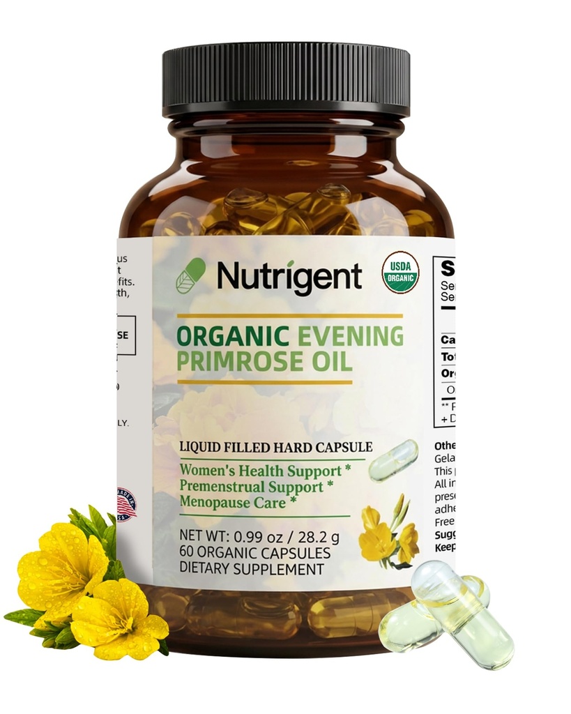 Organisk Evening Primrose Oil Supplement, 940 mg 100% Ren med 10% GLA, Hög Absorption Liquid Organic Capsules, främjar kvinnors hälsa och hudhälsa, Cold Pressed, 60 Count