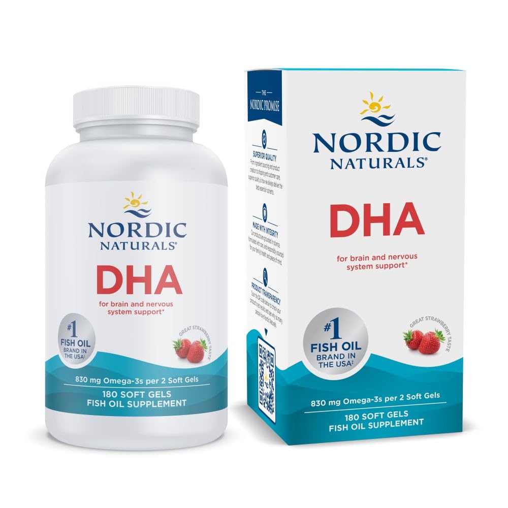Nordic Naturals DHA, Strawberry - 180 Soft Gels - 830 mg Omega-3 - Högintensiv DHA Formel för hjärn- och nervsystemstöd - icke-GMO - 90 portioner