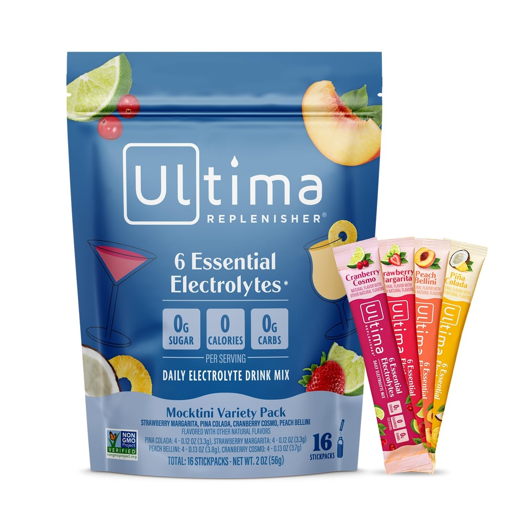 Ultima Replenisher Daily Electrolyte Powder Drink Mix - Sugar Free - Mocktini Variety, 16 Stickpacks - Hydration Packets med 6 Key Electrolytes och Trace Minerals - Keto Friendly, Non-GMO