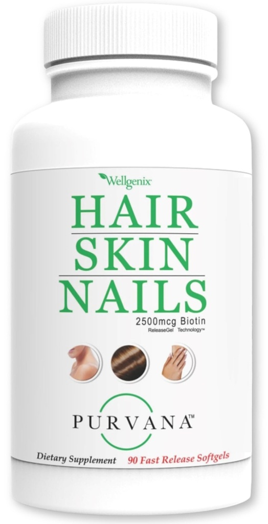 Wellgenix Purvana Hair, Skin och Nails - En dag Softgel - 2500mcg Biotin, DMAE, MSM, Horsetail, Grape Seed Extract - Anti Aging, PCOS & Postpartum Hair Growth, Strong Nails (90 Count)