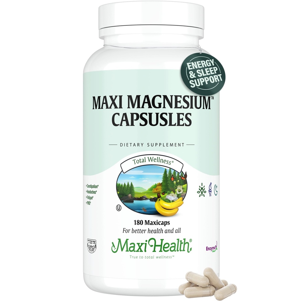 Magnesium Capsules - Energiproduktion - Muscle & Nerve Health - Benstöd - Magnesium Supplement från Magnesium Oxide, Magnesium Glycinate Chelate och Magnesium Citrate - 180 greve av Maxi Health