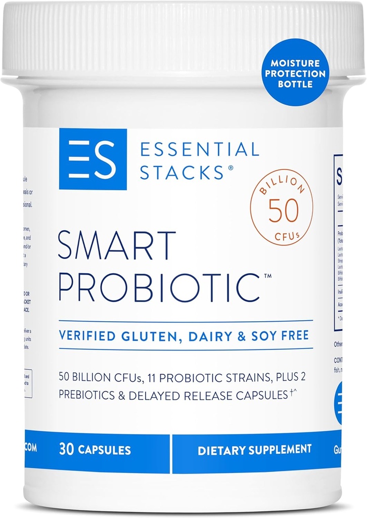 Essential Stacks Smart Probiotic - 50 miljarder CFUs, 11 Probiotic Strains, 2 Prebiotika, fördröjda frisättning Capsules - En daglig probiotisk prebiotisk för kvinnor och män (30 kapslar)