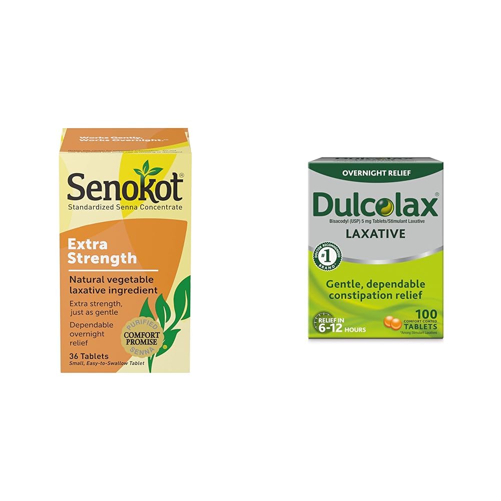 Senokot Extra Strength Natural Vegetable Laxative för Gentle Overnight Relief Occasional Constipation, 36 Count & Dulcolax Stimulant Laxative Tablets (100 Count) Gentle Overnight Constipation Relief