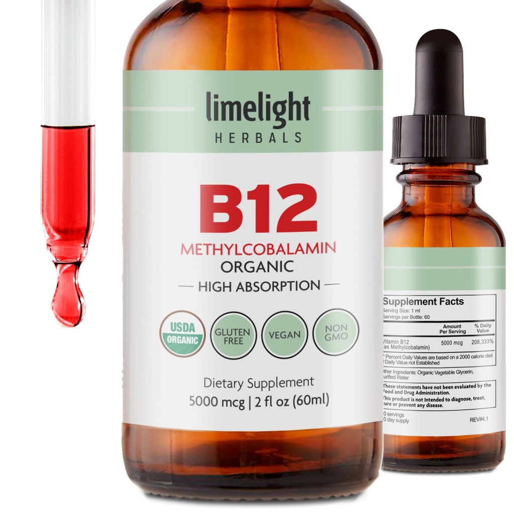 USDA Organic Vitamin B12 Liquid Drops - 5000 mcg Methylcobalamin - Sublingual, Fast-Absorbing Vegan Supplement - Energy, Metabolism, Brain, Heart & Immune Support - Alkoholfri, 60 portioner, USA Made