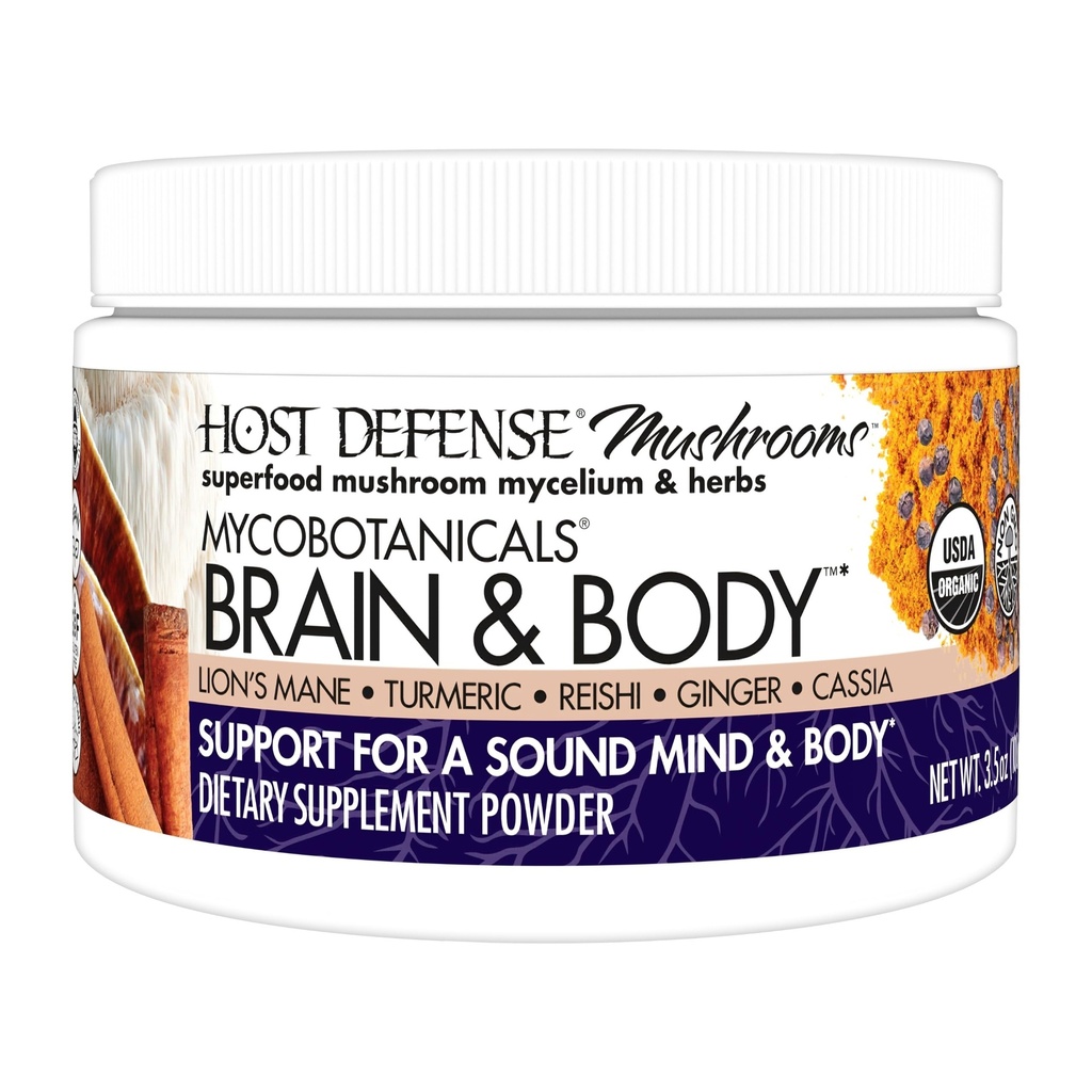 Värdförsvar MycoBotanicals Brain & Body * Powder - Digestive & Immune Support Supplement med Lion's Mane & Reishi Mushroom - Brain Supplement för att stödja Memory & Focus - 3,5 oz (33 portioner)