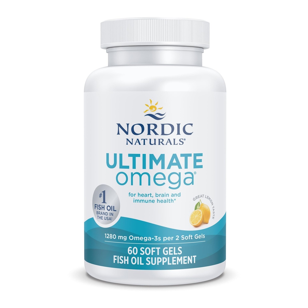 Nordic Naturals Ultimate Omega, Lemon Flavor - 60 Soft Gels - 1280 mg Omega-3 - High-Potency Fish Oil Supplement med EPA & DHA - Främjar hjärna och hjärthälsa - Non-GMO - 30 portioner